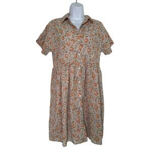 Mikarose Floral Dress Size SMALL Short Sleeve Button Orange Blue Lined